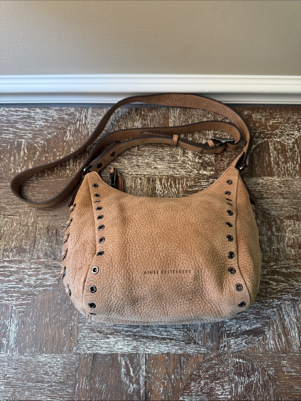 Aimee Kestenberg Pebbled Tan Leather Shoulder Hobo with Stud Accents